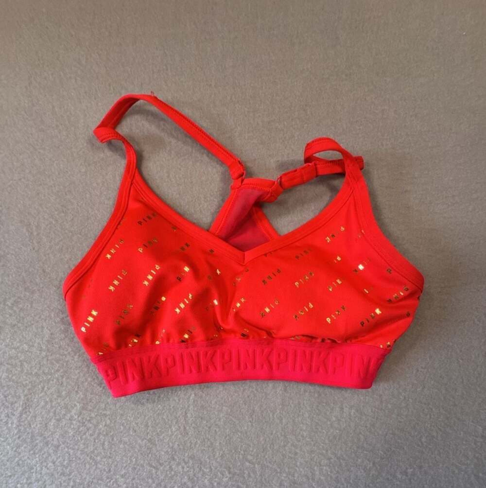 Victoria's Secret PINK Ultimate Lightly Lined Sports Bra in Red with Gold Logo P